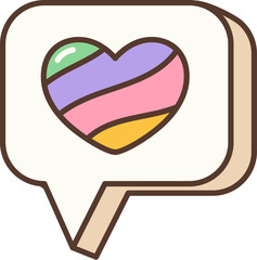 Groovy retro cartoon or hippie symbol of message bubble with rainbow heart, vector sticker. 70s vintage groovy and hippy funky art symbol of love rainbow and peace message in chat cloud