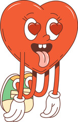 Cartoon retro groovy valentine lover character. Isolated vector vintage red heart personage fall in love with heart-shaped eye pupils and sticking tongue, exudes passion and lustful emotions
