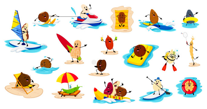 Cartoon cheerful nuts and beans on summer beach vacation. Vector hazelnut, coconut, almond and pekan. Brazil, cashew, peanut and pistachio. Pumpkin or sunflower seed, kidney and green pea water fun