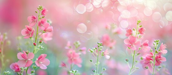 A group of small pink flowers with green stems is scattered throughout the grass, creating a delicate and colorful scene in nature. The vibrant flowers stand out against the green backdrop of the