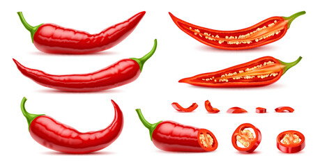 Realistic raw isolated whole and half chili pepper, slice and ring of hot vegetable spice, vector food seasoning. 3d ripe chili, cayenne or jalapeno peppers, mexican cuisine vegetable with seeds - obrazy, fototapety, plakaty