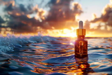 dropper bottle for cosmetics on the sea .cosmetic bottle mockup with skin care concept. Generative AI - obrazy, fototapety, plakaty