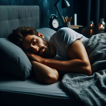 Cozy Slumber: Adult Male Find Peaceful Rest in Comfortable Bedroom, Nestled Against Dark, Tranquil Backdrop.