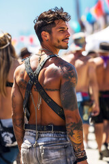 Happy sexy muscular white gay man in leather harness at the LGBT parade on the street