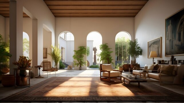 Luxury villa interior panoramic view with sun light