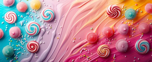 A playful array of colorful candies and swirls on a vibrant abstract background with a sweet, joyful vibe.