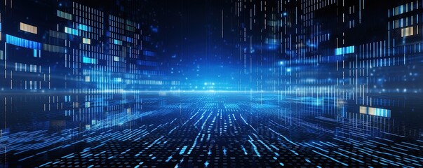 Abstract technology background, big data, internet network, digital technology with binary computer code on virtual screen, illustration