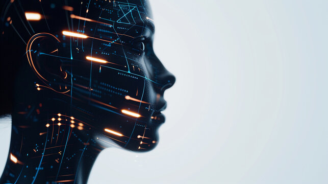 Side profile of a futuristic artificial intelligence computer head with glowing lines and data on white color background professional photography