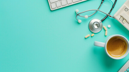 Stethoscope, pc keyboard, coffee and drugs on turquoise background on white color background professional photography