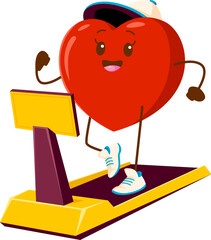 Cartoon heart character running on the treadmill. Isolated vector healthy, cheerful heart, wearing sneakers, workout in gym, joyfully sprints, radiating energy and promoting cardiovascular fitness