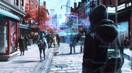 Obraz premium A futuristic street scene with holographic adver appearing to interact with passersby.