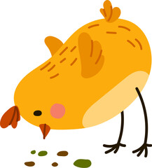 Cute chick cartoon character peck grains. Isolated vector baby rooster bird personage tapping seeds with its tiny beak on livestock or farm. Playful, adorable chickling with fluffy feathers feeding