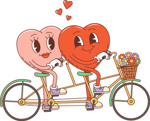 Cartoon groovy Valentine heart couple characters on bicycle, vector retro 70s hippie art. Happy heart couple in love riding tandem bicycle with flowers basket, wedding or Valentine day holiday emoji © Buch&Bee