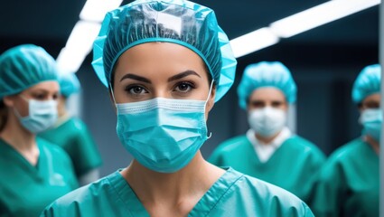 Portrait of female doctor in a protective cap and protective uniform