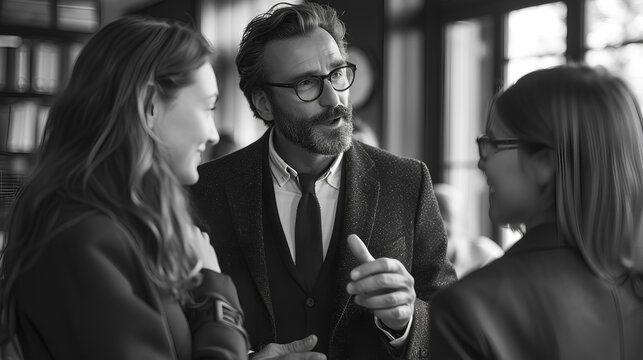 Business executive speaking to people - describing something - telling a story - black and white photograph - monochrome - stylish and classically cool 
