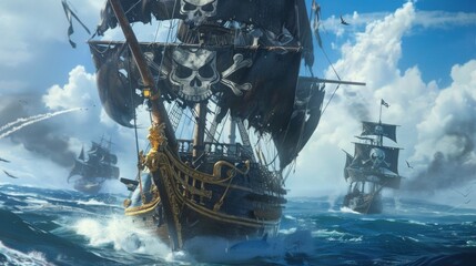 A notorious pirate captain with a skull and crossbones flag flying high on their ship leads their crew into battle against a rival faction on the open seas. - obrazy, fototapety, plakaty