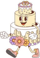 Cartoon groovy Valentine holiday cake character in retro 70s hippie art, vector comic personage. Groovy cake with funny face, wedding rings and flowers, funky groovie character for Valentine day emoji