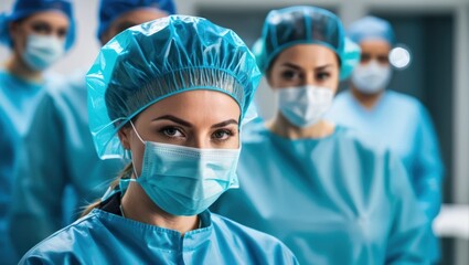 Portrait of female doctor in a protective cap and protective uniform