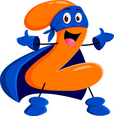 Cartoon math number two superhero character. Isolated vector educational playful and cheerful 2 sign defender personage with rounded body, smile, and big eyes, for kid preschool education, game or fun
