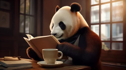 Poster Im Rahmen Photograph of a panda bear reading a book. Generative AI. © Yerjung