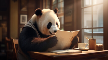 Photograph of a panda bear reading a book. Generative AI.