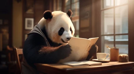 Raamstickers Photograph of a panda bear reading a book. Generative AI. © Yerjung
