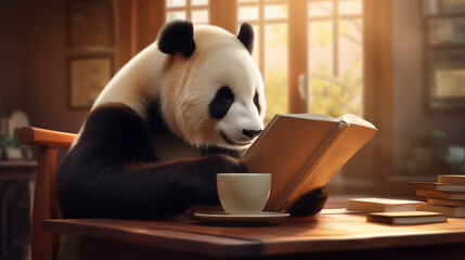 Photograph of a panda bear reading a book. Generative AI.