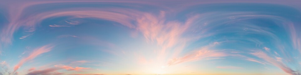 360 panorama of glowing sunset sky with bright Cirrus clouds. Seamless hdr spherical 360 panorama. Sky dome in 3D visualization, sky replacement for aerial drone panoramas. Weather and climate change. - Powered by Adobe