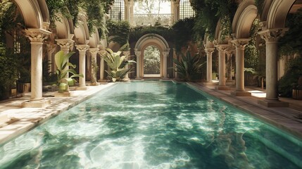 Crystal-clear water shimmers under the midday sun in an opulent, expansive swimming pool surrounded by lush greenery and marble accents