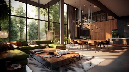 Panorama of a modern living room with a panoramic window