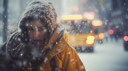 Woman Wearing Winter Apparel in Snowy Weather. Generative AI.