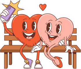 Cartoon retro groovy Valentine hearts couple characters making selfie on phone, vector 70s art. Happy hearts couple in love sitting on bench and make selfie photo on mobile phone for Valentine holiday