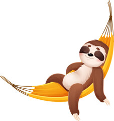 Naklejka premium Cartoon cute sleeping lazy sloth character napping in hammock, vector funny personage for kids. Happy sleepy sloth or jungle bear sleeps or snooze with bedtime dreams in hanging hammock