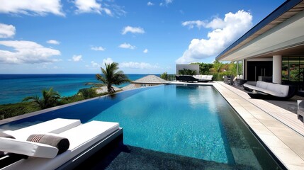 Daytime elegance in a panoramic view of a contemporary pool, where vanishing edges meet the horizon, creating a stunning visual effect