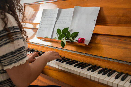Piano Serenade. Red Rose, Music Book, and Graceful Hands.