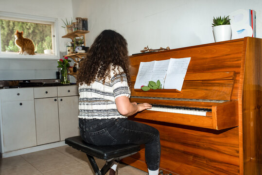 Harmony at Home.Young Woman Play On Piano, Ginger Cat Sit On Window.