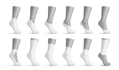 Realistic woman socks, 3d vector templates for fashion and sportswear designs. Isolated mockups feature cotton fabric, elastic fit and a blank canvas for foot apparel in a shop or product display