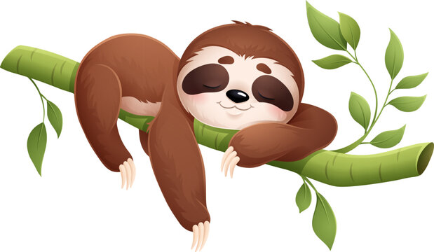 Cartoon cute lazy sloth animal character sleeping on tree branch, vector funny jungle slow bear. Sleepy sloth napping or snoozing on tree branch with bedtime sweet dreams