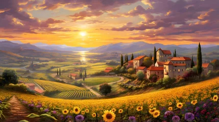 Fototapete Panoramic view of Tuscany with sunflowers at sunset © Iman