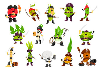 Obraz premium Cartoon pirate and corsair vegetable characters. Vector paprika, olive, corn cob and artichoke. Kohlrabi, asparagus, cabbage with champignon. Onion, soy bean, green pea, daikon radish and potato