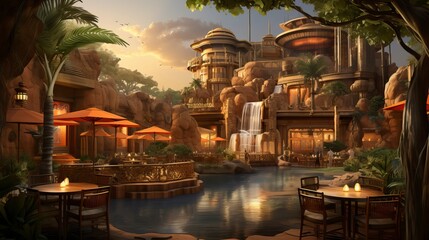 A desert oasis with a palm tree and a watering hole