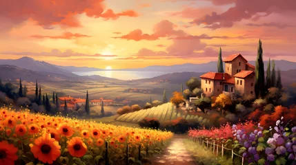 Poster Tuscany landscape panorama with sunflowers and house at sunset © Iman