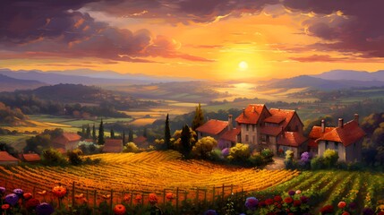 Panoramic view of Tuscany with vineyards at sunset
