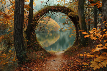Forest path tunnel through trees near lake, scenic nature autumn landscape panorama view