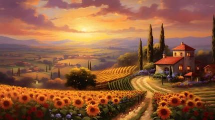 Foto op Plexiglas Panoramic view of Tuscany with sunflowers at sunset © Iman