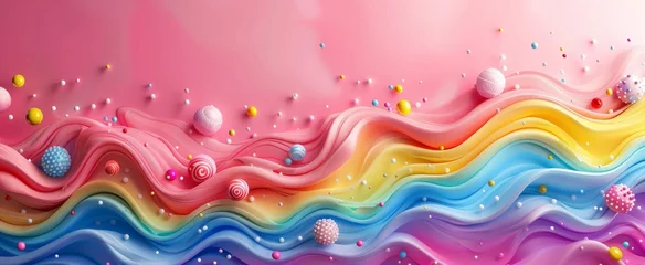 Tuinposter A playful wave of pastel colors flows across the image, dotted with whimsical candy and sugar pearls, creating a delightful sweet landscape. © BackgroundWorld