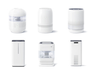 Realistic air purifier. Isolated 3d vector set of devices that removing contaminants like dust, allergens, and pollutants, improving indoor air quality for a healthier and fresher living environment.