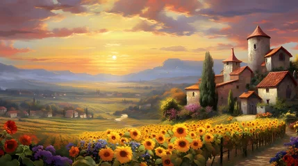 Poster Landscape with sunflowers and castle at sunset - panorama © Iman