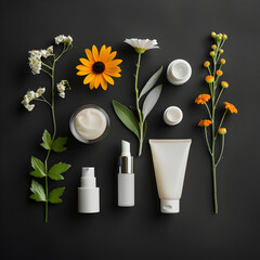 Gentle Beauty Essentials and Blossoms on a Black Canvas
