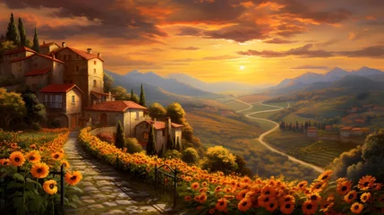 Foto op Canvas Panoramic view of Tuscan countryside with sunflowers at sunset © Iman